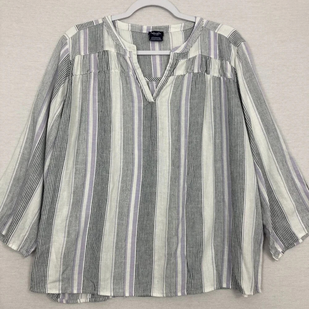 Splendid Gray Purple Striped Linen Blend Y Neck 3/4 Sleeve Blouse size XXL